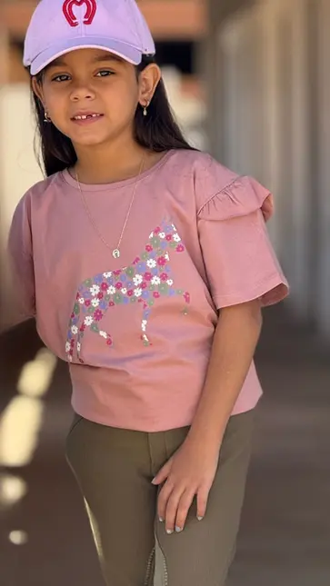 Blusa Infantil Suedine Gamp Cavalo Floral Rosa Mangalarga Marchador