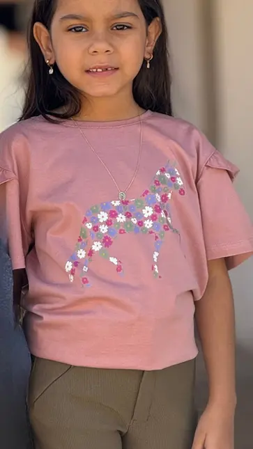 Blusa Infantil Suedine Gamp Cavalo Floral Rosa Mangalarga Marchador