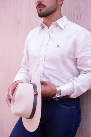 Camisa Masculina Linho Cru Logo Marinho
